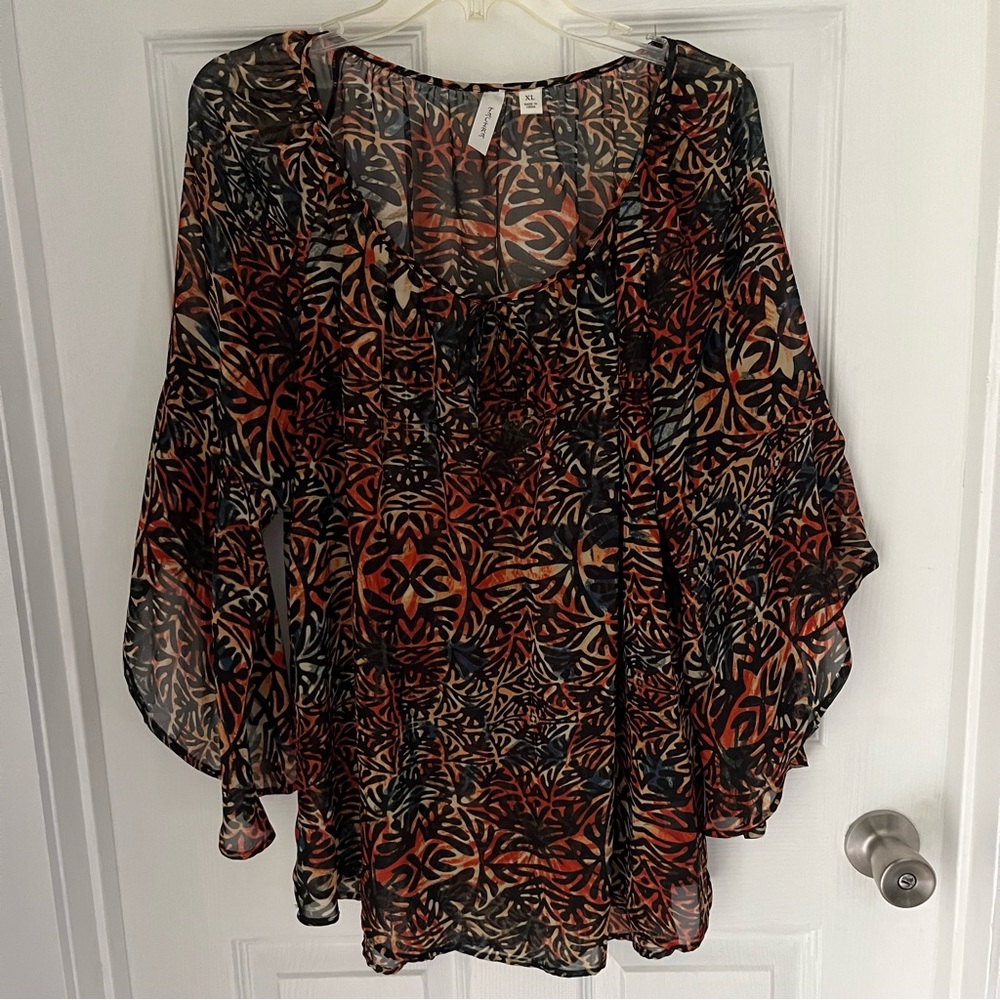 Tacera Black, Burnt Orange, and Blue Print Semi Sheer Blouse